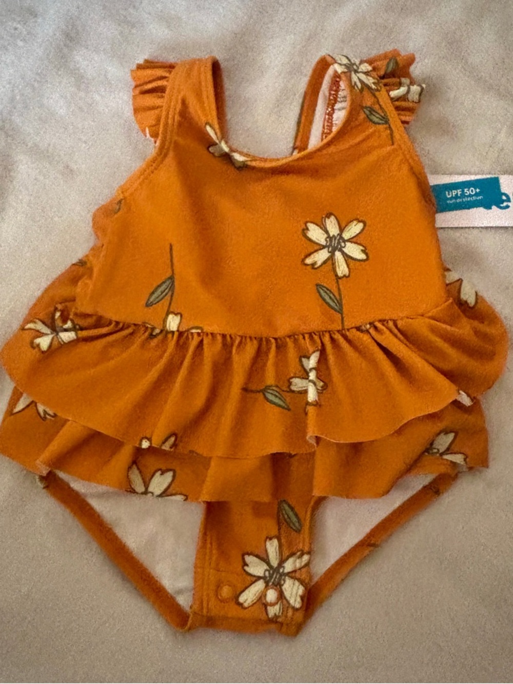 Carter’s Baby Girl Floral Swimsuit 3-6M Mustard Ruffle One Piece NWT UPF 50